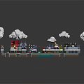 Cartoon Town Scene With Colorful Buildings White Clouds Small Houses And Green Areas