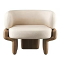 Modern Beige Single Sofa With Wooden Armrests And Matching Ottoman Stool