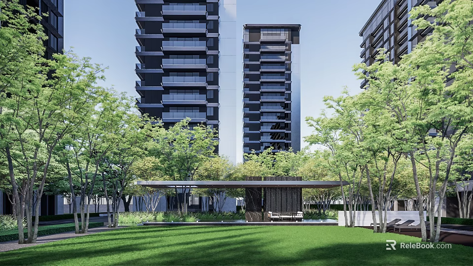 Modern Residential Landscape With High Rise Buildings Lush Green Trees And Green Lawn 3d model 