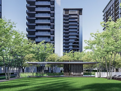 Modern Residential Landscape With High Rise Buildings Lush Green Trees And Green Lawn 3d model