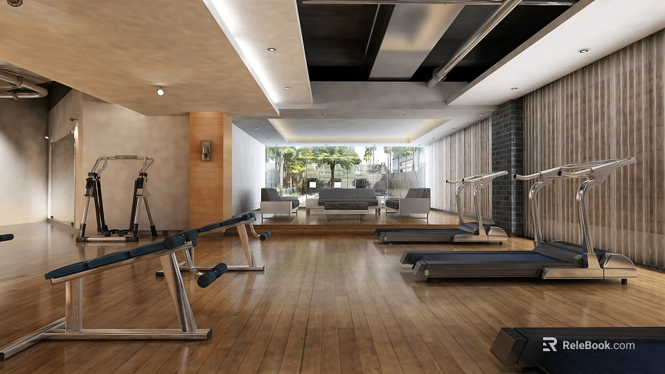 Open Space Fitness Gym With Treadmills Workout Equipment And Wooden Flooring 3d model 