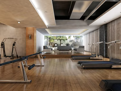 Open Space Fitness Gym With Treadmills Workout Equipment And Wooden Flooring 3d model