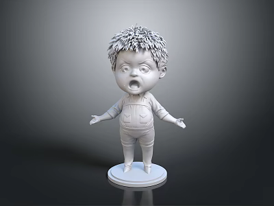 Man 3D Statue Model With Spiky Hair Open Mouth And Overalls On Base 3d model