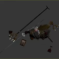 Assassin Themed Man In Feathered Hat Holding Long Sword With Surrounding Tools 3d model