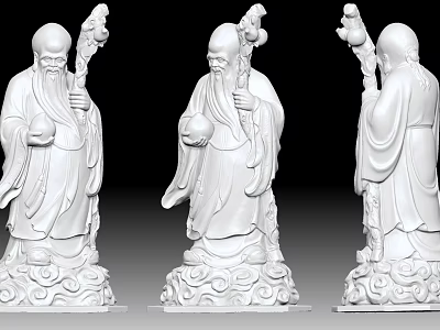 Three Views Of Traditional Chinese Elder Carving With Staff And Cloud Base 3d model