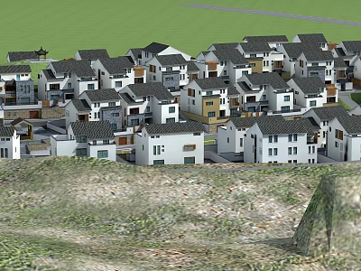 Traditional Village Houses With White Exterior Gray Roof And Swing Doors 3d model