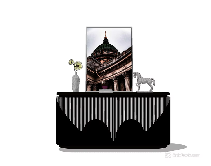 Modern Entryway Console Table With Black Geometric Design Vase Flowers And Horse Decor 3d model 