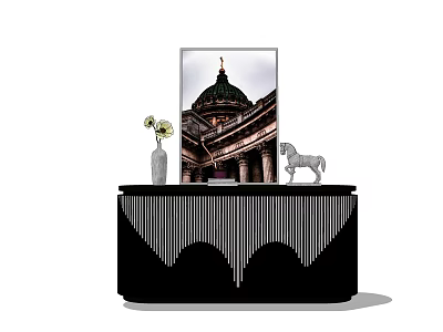 Modern Entryway Console Table With Black Geometric Design Vase Flowers And Horse Decor 3d model