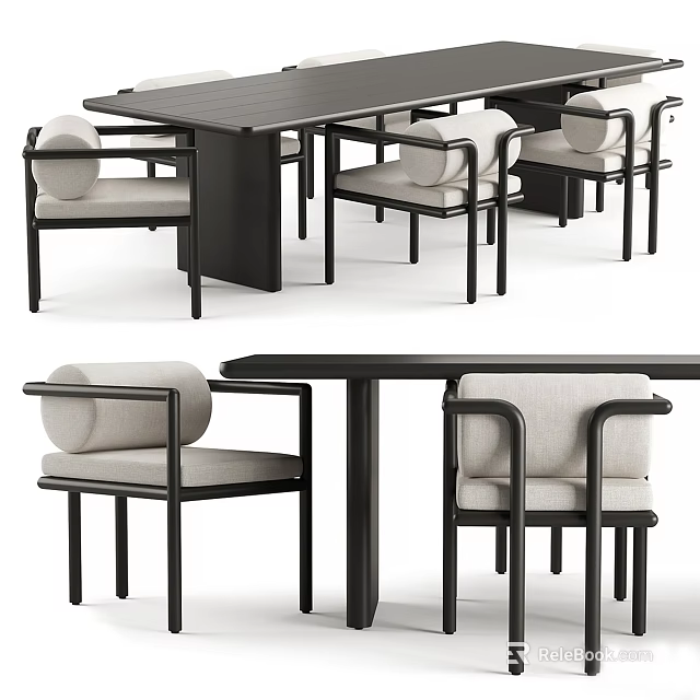 Modern Minimalist Dining Table Set With Black Frame And Upholstered Armrest Chairs 3d model 