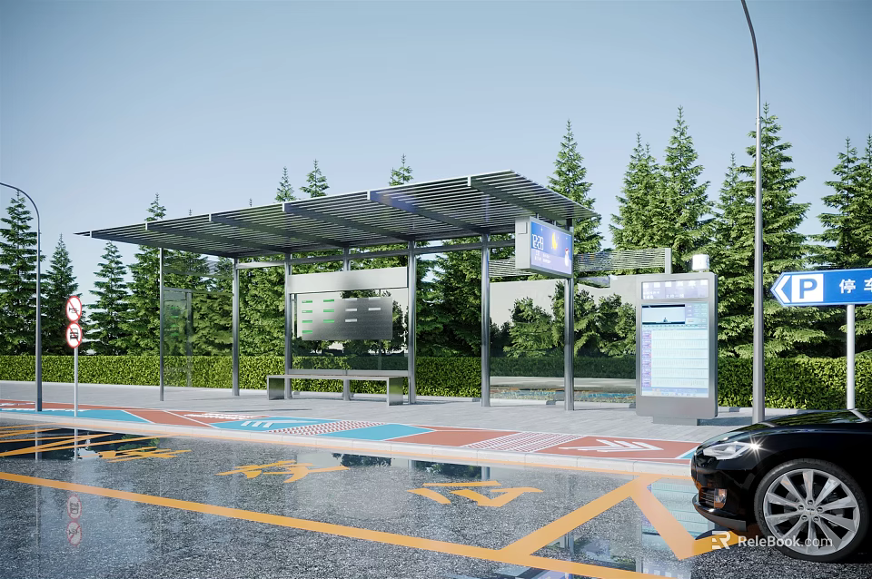Modern Bus Station Surrounded by Green Trees With Glass Canopy Information Display And Parking Area 3d model 