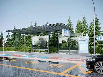 Modern Bus Station Surrounded by Green Trees With Glass Canopy Information Display And Parking Area 3d model