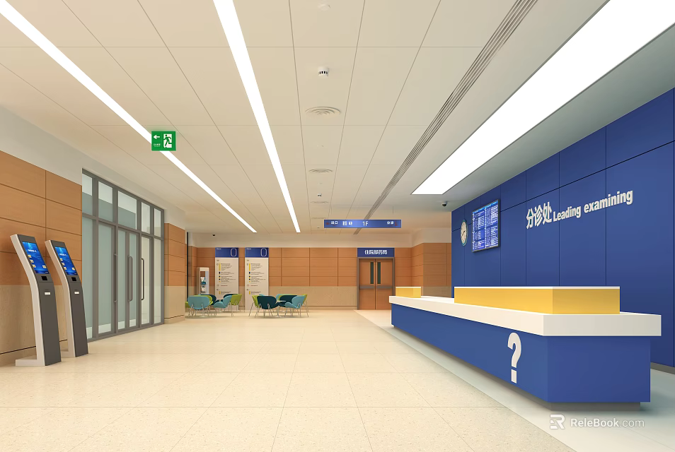 Modern Hospital Lobby Interior With Reception Desk Signage And Self Service Kiosks 3d model 
