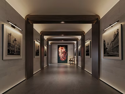 Modern Corridor Style Exhibition Hall With Paintings On Both Sides Red Decorative Painting At End 3d model