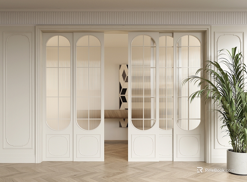 Arched Glass Sliding Doors in White Modern Interior Design Connecting Open Space with Wooden Floor 3d model 