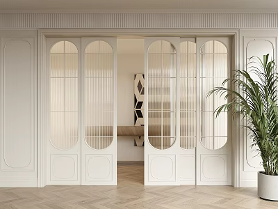 Arched Glass Sliding Doors in White Modern Interior Design Connecting Open Space with Wooden Floor 3d model