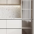 Modern Kitchen Interior With White Lower And Wooden Upper Cabinets Terrazzo Countertop Black Sink Oven
