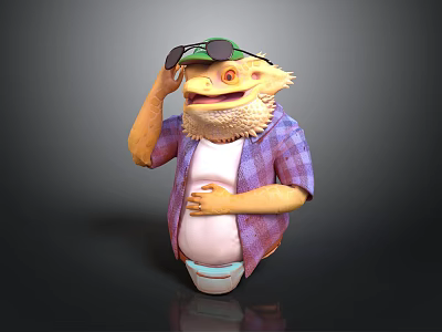 Chubby Lizard Character Wearing Purple Plaid Shirt White T-shirt Green Hat And Sunglasses With Diaper 3d model