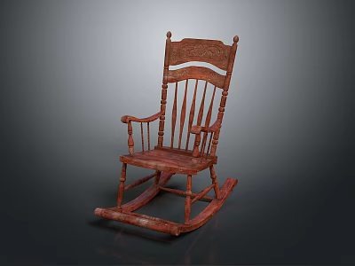 Vintage Wooden Carved Red Toned Leisure Rocking Chair with Armrests and Rocking Legs 3d model