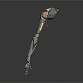 Wizard Wielding Ornate Metal Staff With Colorful Green Blue Details And Beast Claw Base Design
