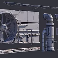Heavy Duty Industrial Equipment with Large Rotating Fan Cylindrical Pipes and Metal Structure