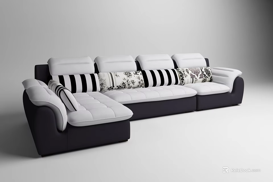 Modern Upholstered Sectional Sofa with Black and White Striped Patterned Cushions 3d model