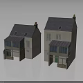Two Story Traditional House Models With Gray Roofs White Walls Awning Windows And Chimneys