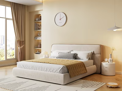 Modern Bedroom Interior With Upholstered Bed Nightstand Round Clock Window Curtains Bookshelf And Wooden Floor 3d model