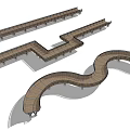 Curved Wooden Pedestrian Walkway with Railings Alongside Stream in Tree Surrounded Park