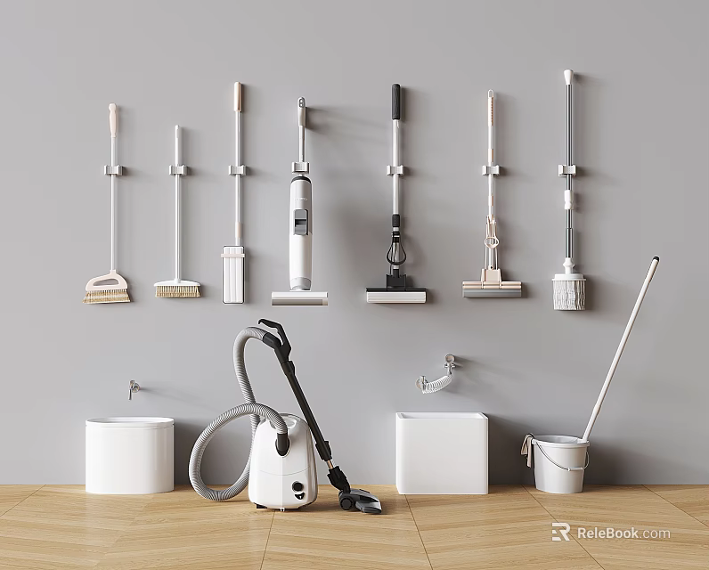 Wall Mounted And Floor Standing Cleaning Tools Including Mops Brooms Vacuum And Buckets 3d model 