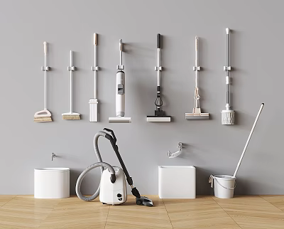 Wall Mounted And Floor Standing Cleaning Tools Including Mops Brooms Vacuum And Buckets 3d model
