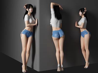 Woman Leaning Against Wall In White Top Blue Denim Shorts With High Heels Multiple Angles 3d model