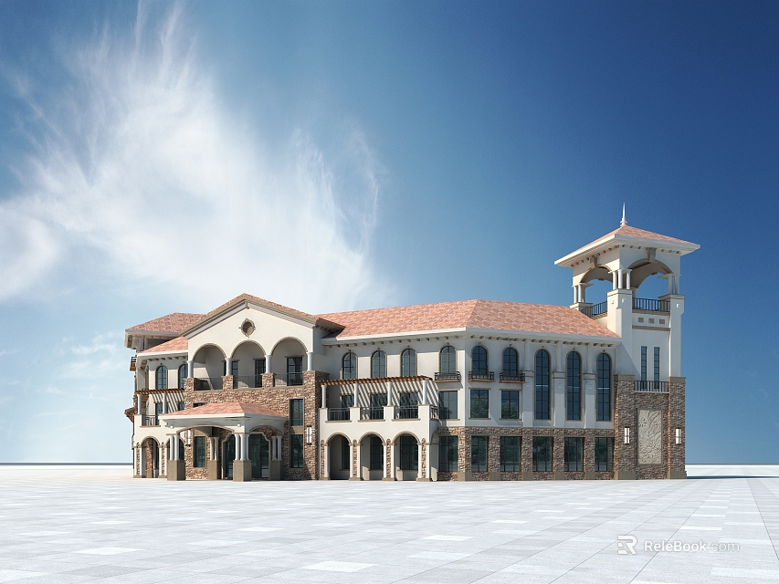 Elegant Semi detached Villa With Red Roof Arched Windows And Tower Structure 3d model 