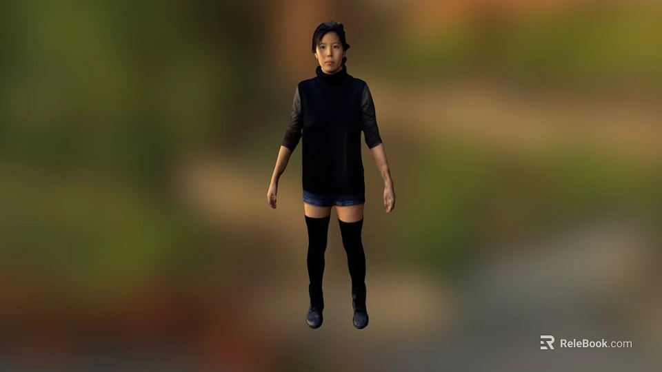 Person Wearing Black Top Blue Shorts And Black Thigh High Socks With Blurred Natural Background 3d model 