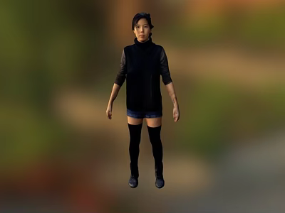 Person Wearing Black Top Blue Shorts And Black Thigh High Socks With Blurred Natural Background 3d model