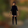 Person Wearing Black Top Blue Shorts And Black Thigh High Socks With Blurred Natural Background