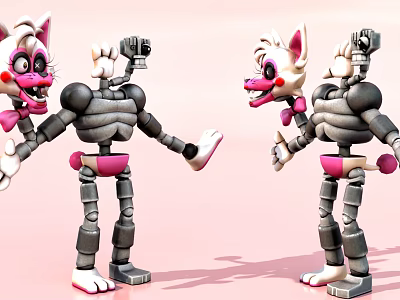Pink and Gray Robot Cat Dolls with Bow Ties in Interactive Poses 3d model
