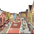 Vibrant Commercial Street with Colorful Buildings Pedestrians Circular Plaza Street Lamps and Outdoor Cafes