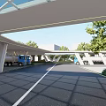 Outdoor Truck Parking Canopy Covering Blue Trucks In Green Tree Area