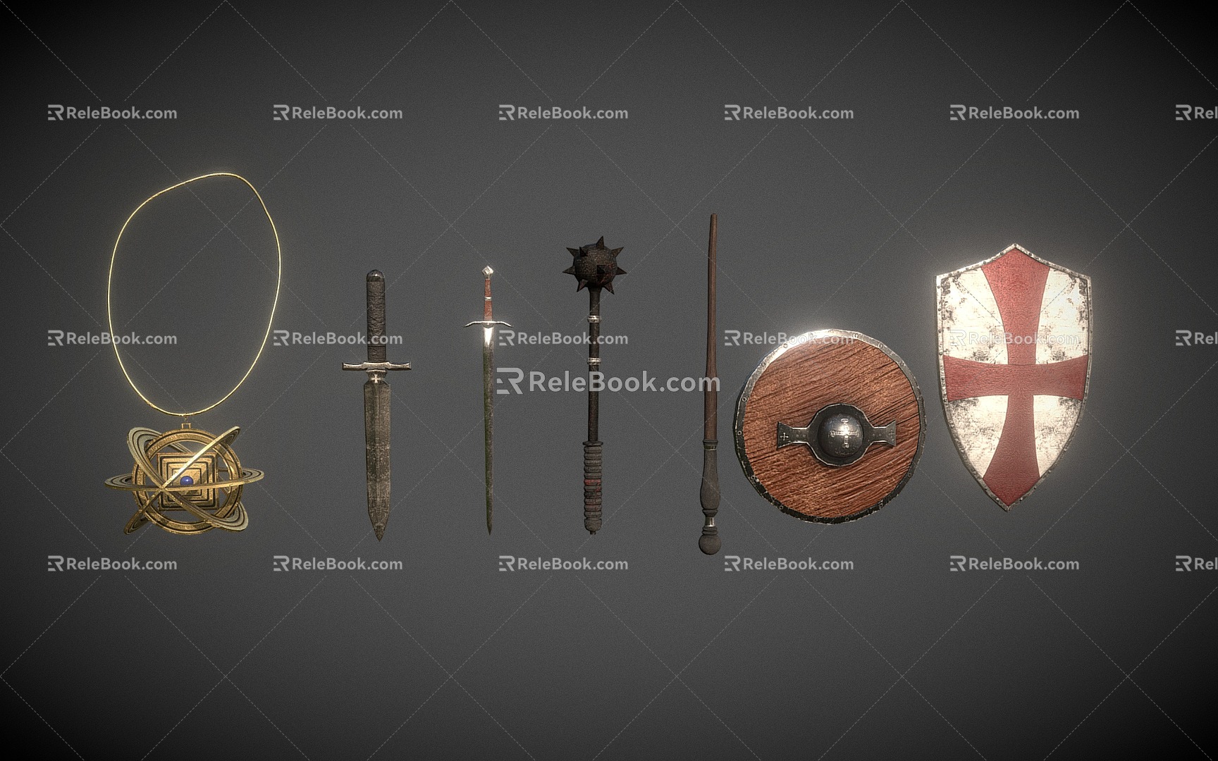 Retro Cold Weapon Combination Sword Meteor Hammer Shield Medieval Weapon 3d model