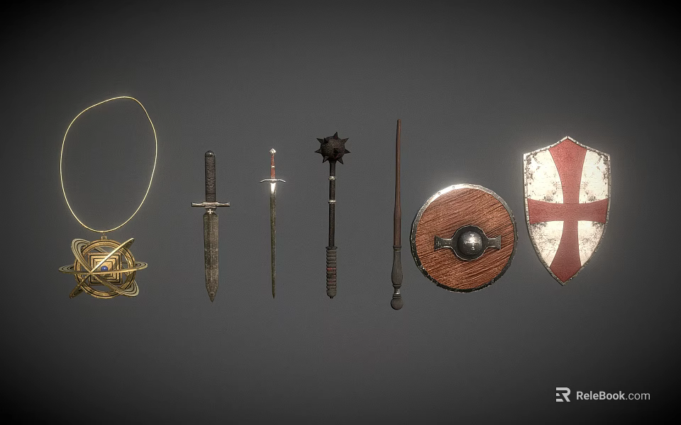 Medieval Weapons Display With Dagger Sword Mace Staff Round And Cross Shields 3d model 