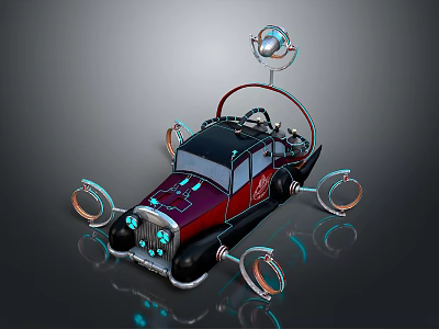 Vintage Style Car With Unique Design Glowing Elements Circular Wheels And Roof Mounted Device 3d model