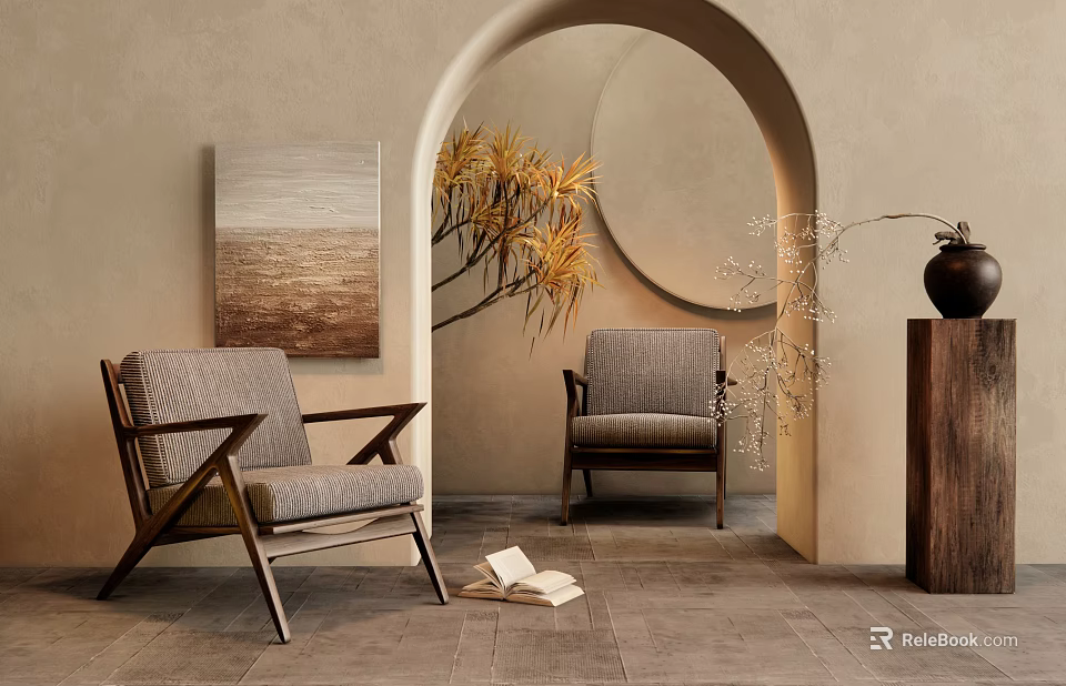 Modern Lounge Chairs with Wooden Frame and Gray Cushion in Archway Interior with Wall Art 3d model 
