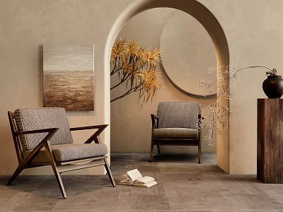 Modern Lounge Chairs with Wooden Frame and Gray Cushion in Archway Interior with Wall Art 3d model