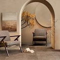 Modern Lounge Chairs with Wooden Frame and Gray Cushion in Archway Interior with Wall Art