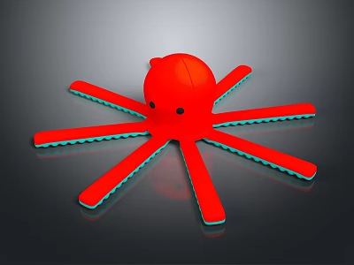 Red Cartoon Octopus With Blue Edge Tentacles On Dark Reflective Background 3d model