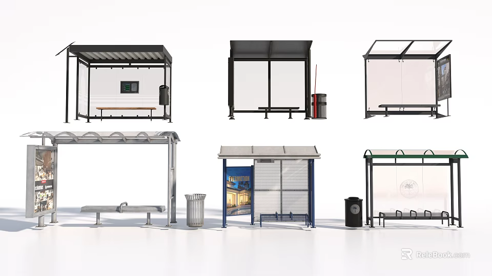 Various Modern Bus Shelter Designs With Roof Bench Waste Bin And Advertising Panel 3d model 