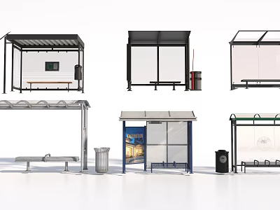 Various Modern Bus Shelter Designs With Roof Bench Waste Bin And Advertising Panel 3d model