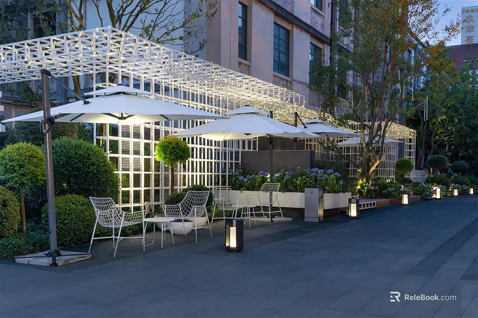 Outdoor Garden Landscape With White Lattice Pergola White Umbrellas Chairs Tables Green Bushes And Lighting 3d model 