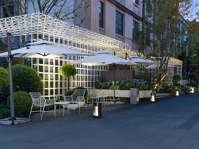 Outdoor Garden Landscape With White Lattice Pergola White Umbrellas Chairs Tables Green Bushes And Lighting 3d model