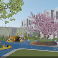 Colorful Playground With Yellow Play Structure Children Playing Green Lawn And Purple Flowering Trees